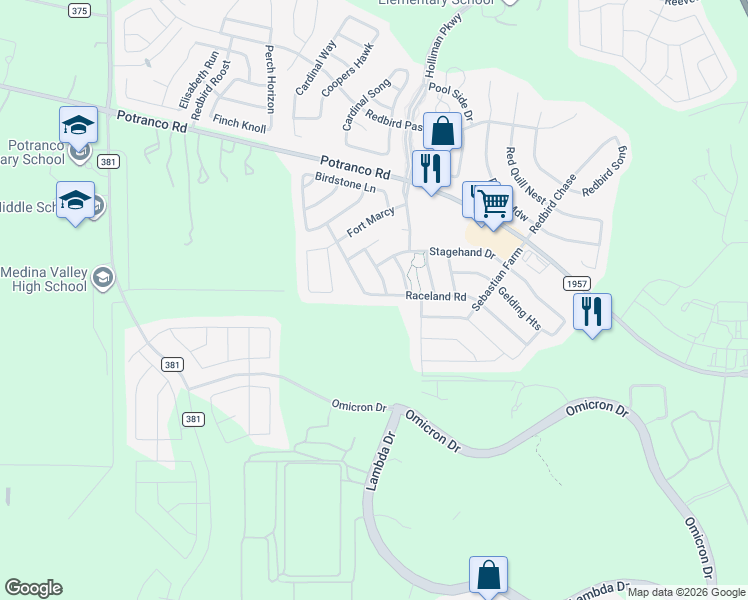 map of restaurants, bars, coffee shops, grocery stores, and more near 726 Raceland Road in San Antonio