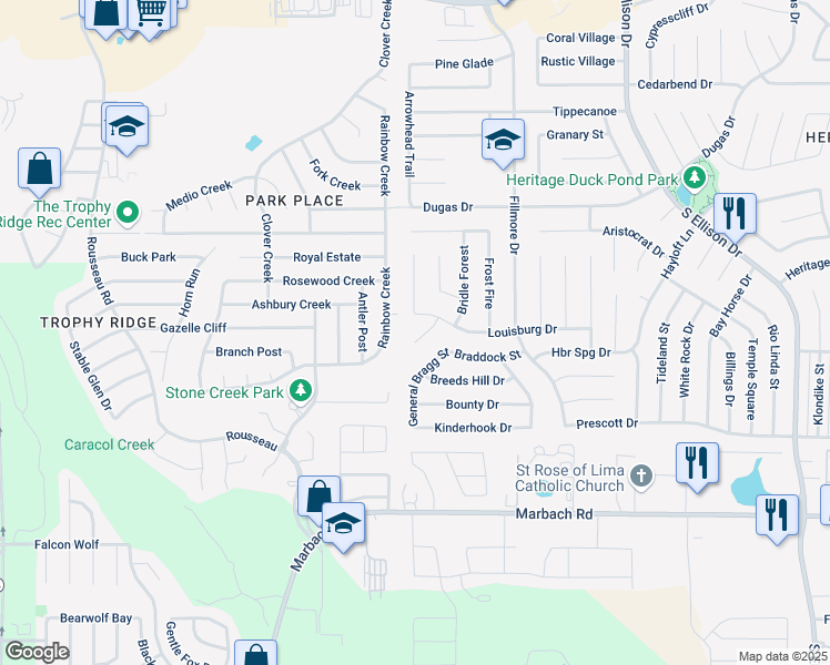 map of restaurants, bars, coffee shops, grocery stores, and more near 1010 Lafferty Oaks in San Antonio