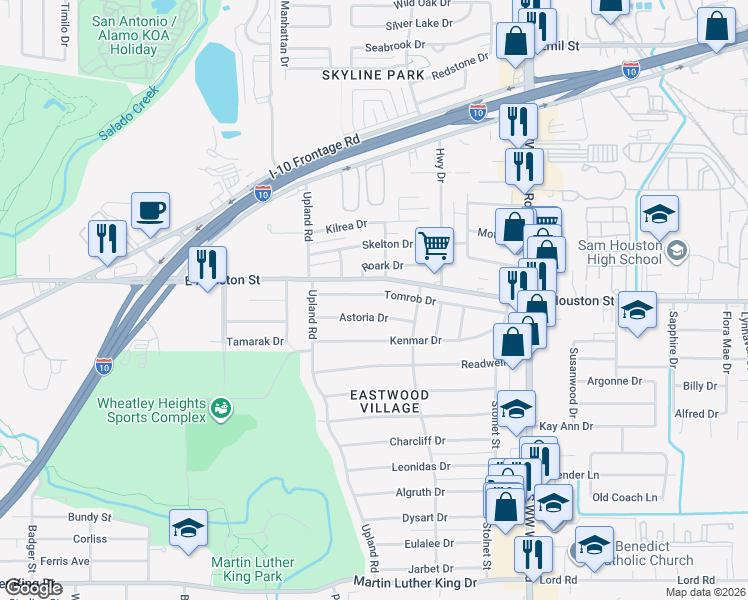 map of restaurants, bars, coffee shops, grocery stores, and more near 330 Tomrob Drive in San Antonio