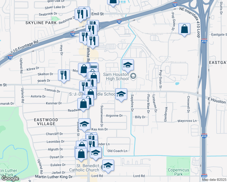 map of restaurants, bars, coffee shops, grocery stores, and more near 4635 East Houston Street in San Antonio