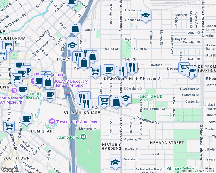 map of restaurants, bars, coffee shops, grocery stores, and more near 901 East Crockett Street in San Antonio