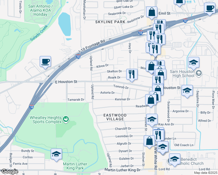 map of restaurants, bars, coffee shops, grocery stores, and more near 330 Tomrob Drive in San Antonio
