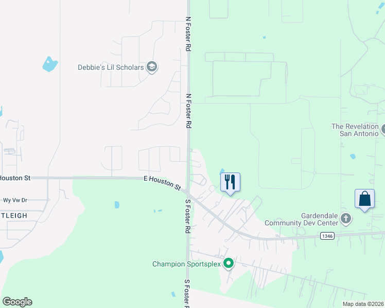 map of restaurants, bars, coffee shops, grocery stores, and more near 186 North Foster Road in San Antonio