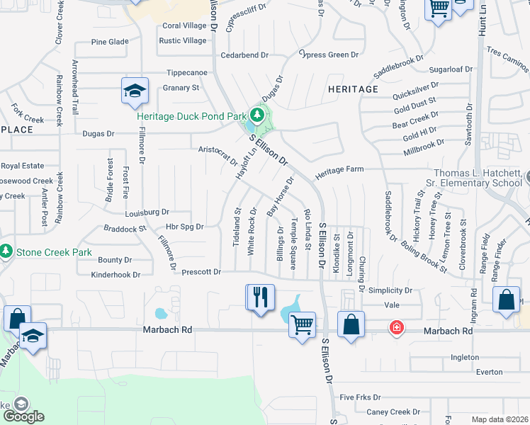 map of restaurants, bars, coffee shops, grocery stores, and more near 1203 Bay Horse Drive in San Antonio