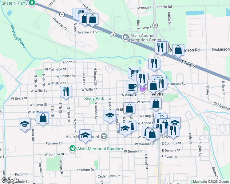 map of restaurants, bars, coffee shops, grocery stores, and more near 704 West Sealy Street in Alvin