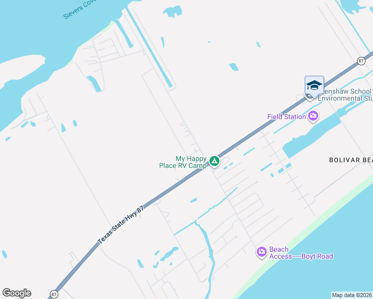 map of restaurants, bars, coffee shops, grocery stores, and more near 1116 East Bay Drive South in Bolivar Peninsula