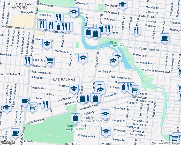map of restaurants, bars, coffee shops, grocery stores, and more near 3719 San Fernando Street in San Antonio