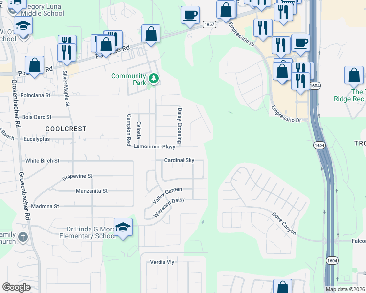 map of restaurants, bars, coffee shops, grocery stores, and more near 11514 Lemonmint Parkway in San Antonio
