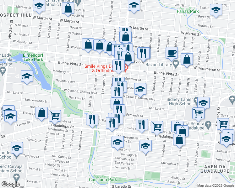 map of restaurants, bars, coffee shops, grocery stores, and more near 425S South Zarzamora Street in San Antonio