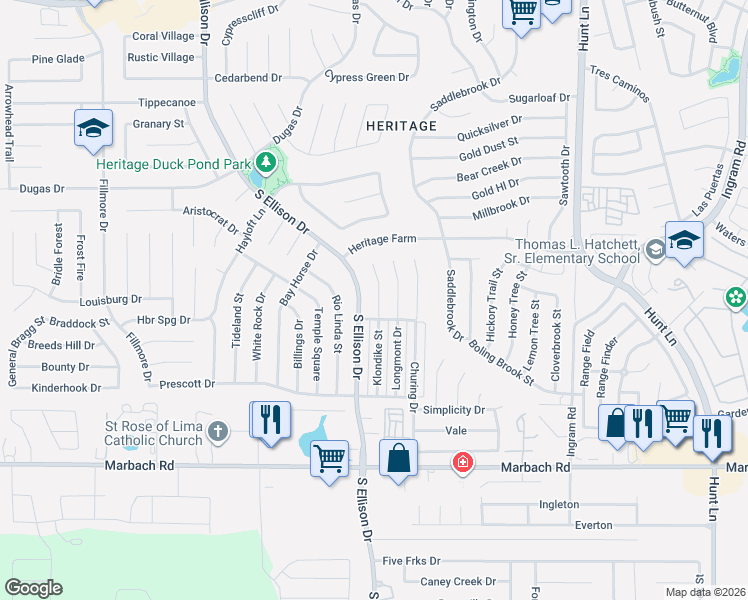map of restaurants, bars, coffee shops, grocery stores, and more near 1135 Klondike Street in San Antonio