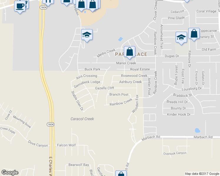 map of restaurants, bars, coffee shops, grocery stores, and more near Oakwood Way in San Antonio