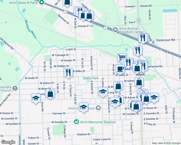 map of restaurants, bars, coffee shops, grocery stores, and more near 117 North Durant Street in Alvin