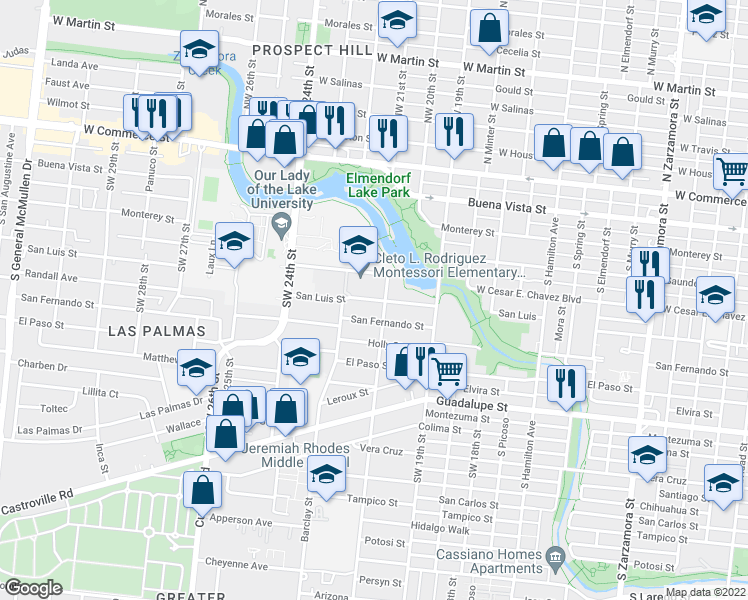 map of restaurants, bars, coffee shops, grocery stores, and more near 3510 San Luis Street in San Antonio