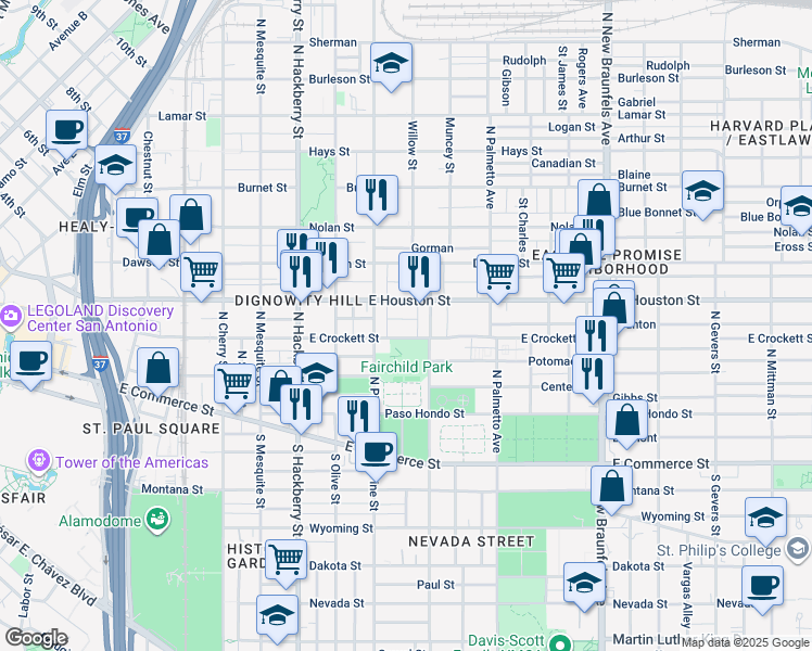 map of restaurants, bars, coffee shops, grocery stores, and more near 1229 East Crockett Street in San Antonio