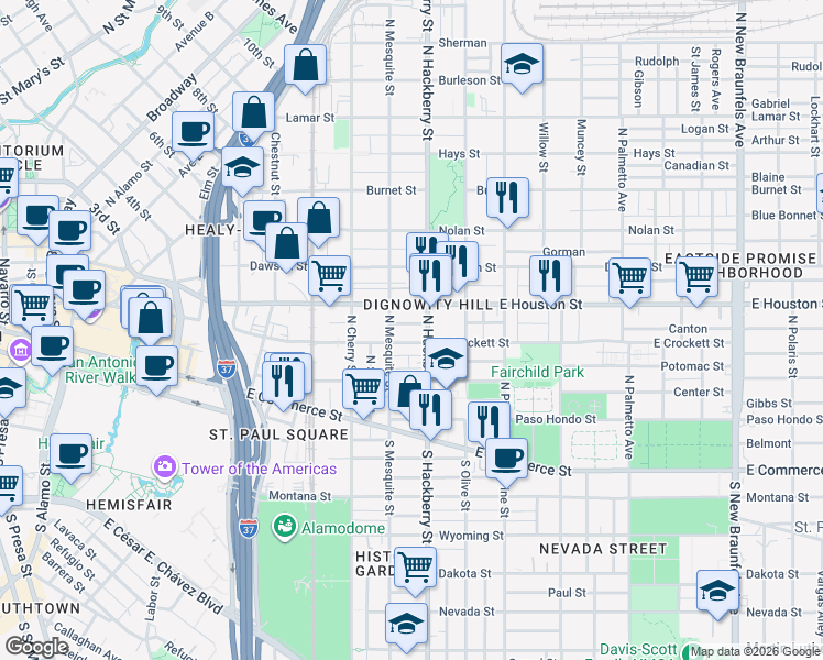 map of restaurants, bars, coffee shops, grocery stores, and more near 929 East Crockett Street in San Antonio