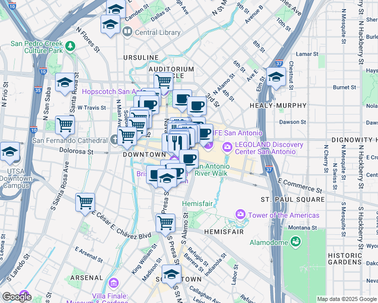 map of restaurants, bars, coffee shops, grocery stores, and more near 849 East Commerce Street in San Antonio