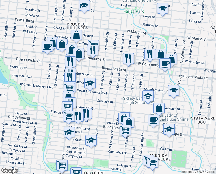map of restaurants, bars, coffee shops, grocery stores, and more near 410 Saunders Avenue in San Antonio