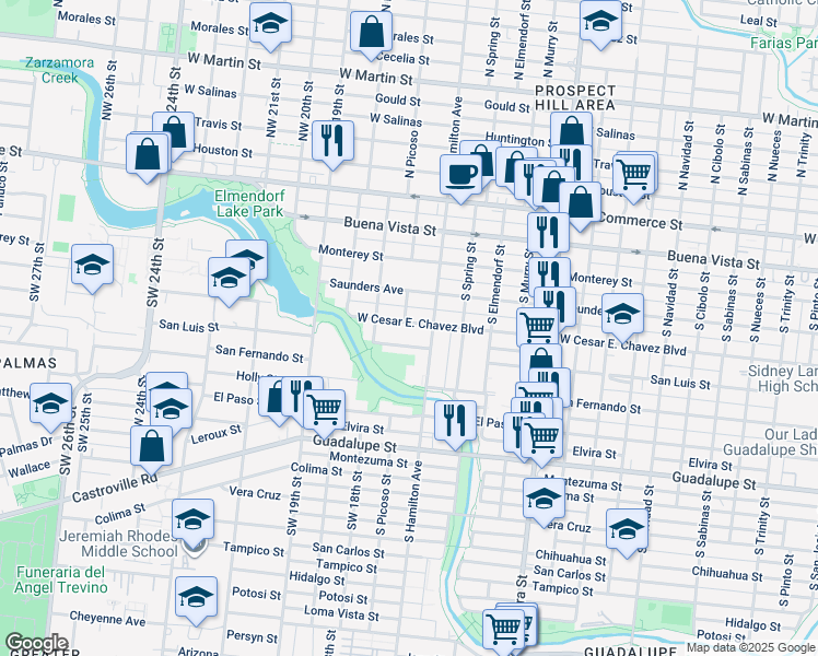map of restaurants, bars, coffee shops, grocery stores, and more near 3007 San Luis in San Antonio