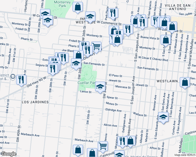 map of restaurants, bars, coffee shops, grocery stores, and more near 1326 Jewett Street in San Antonio