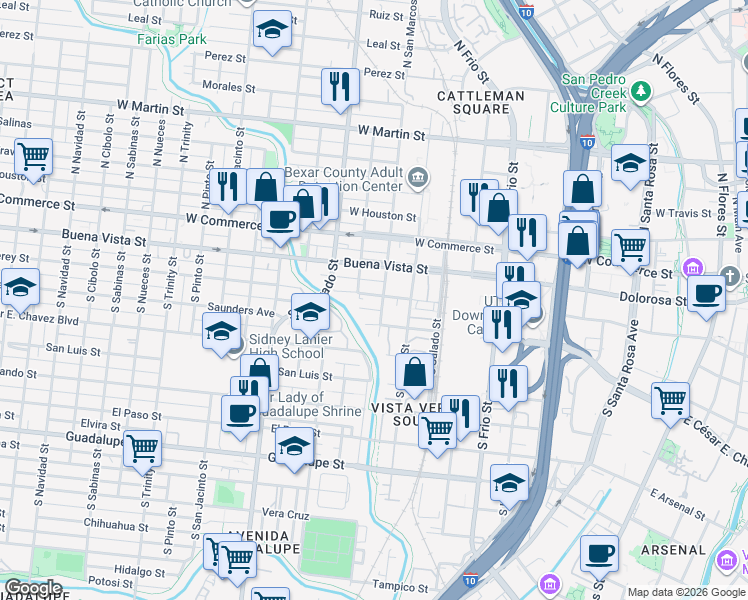 map of restaurants, bars, coffee shops, grocery stores, and more near 105 Grenet Street in San Antonio