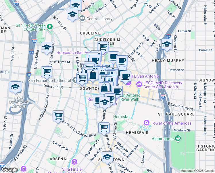 map of restaurants, bars, coffee shops, grocery stores, and more near 243 East Commerce Street in San Antonio