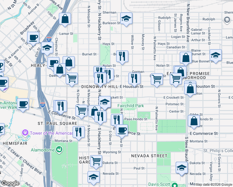 map of restaurants, bars, coffee shops, grocery stores, and more near 122 Boston Street in San Antonio