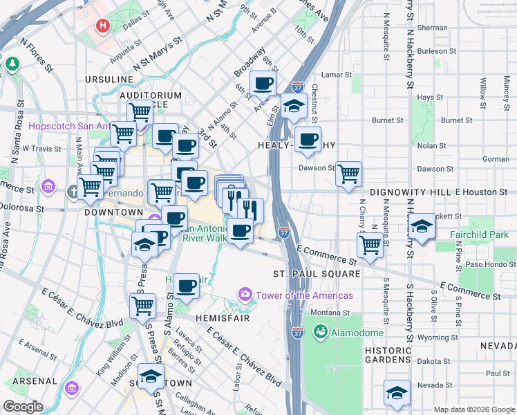map of restaurants, bars, coffee shops, grocery stores, and more near 303 Blum Street in San Antonio