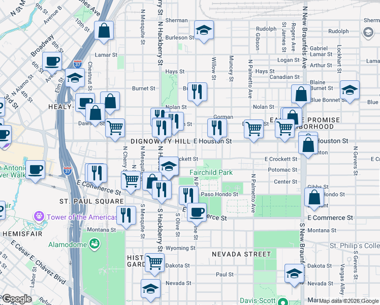 map of restaurants, bars, coffee shops, grocery stores, and more near 126 Boston Street in San Antonio