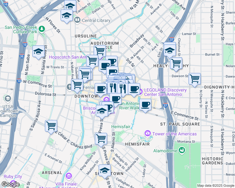 map of restaurants, bars, coffee shops, grocery stores, and more near 198-102 Blum Street in San Antonio