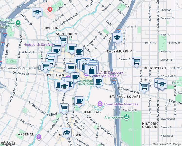 map of restaurants, bars, coffee shops, grocery stores, and more near 849 East Commerce Street in San Antonio
