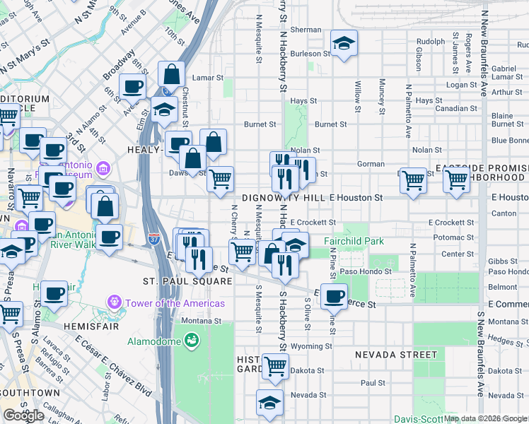 map of restaurants, bars, coffee shops, grocery stores, and more near 901 East Crockett Street in San Antonio