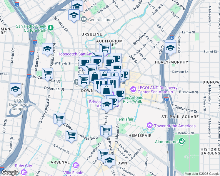 map of restaurants, bars, coffee shops, grocery stores, and more near 243 East Commerce Street in San Antonio