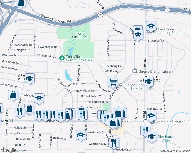 map of restaurants, bars, coffee shops, grocery stores, and more near 7102 Cypress Grove Drive in San Antonio