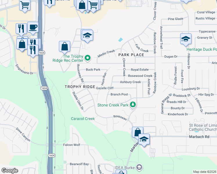 map of restaurants, bars, coffee shops, grocery stores, and more near 903 Oakwood Way in San Antonio