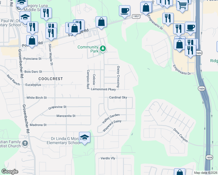 map of restaurants, bars, coffee shops, grocery stores, and more near 11622 Lemonmint Parkway in San Antonio