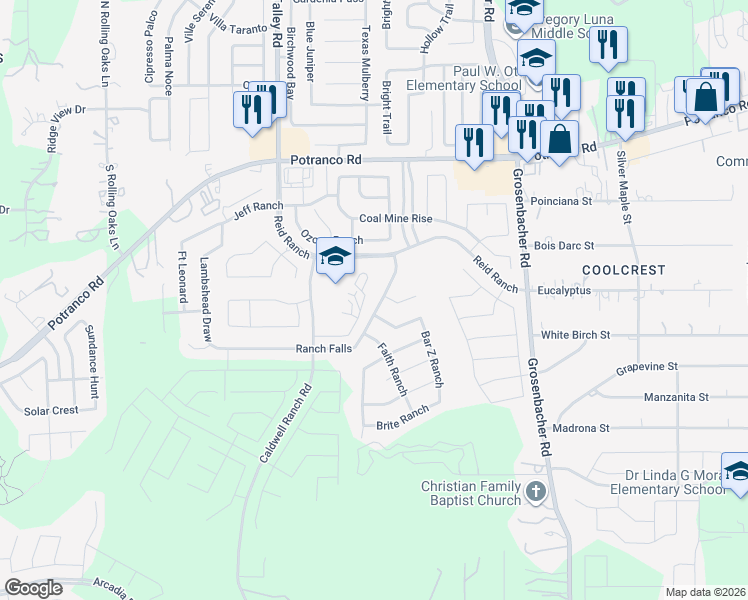 map of restaurants, bars, coffee shops, grocery stores, and more near 12623 Fiesta Ranch in San Antonio