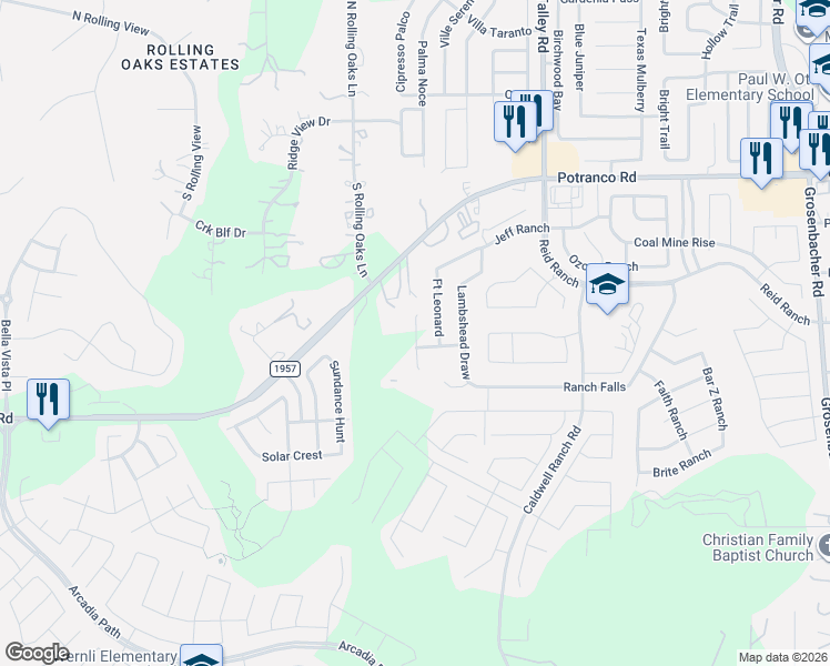 map of restaurants, bars, coffee shops, grocery stores, and more near 13080 Potranco Road in San Antonio