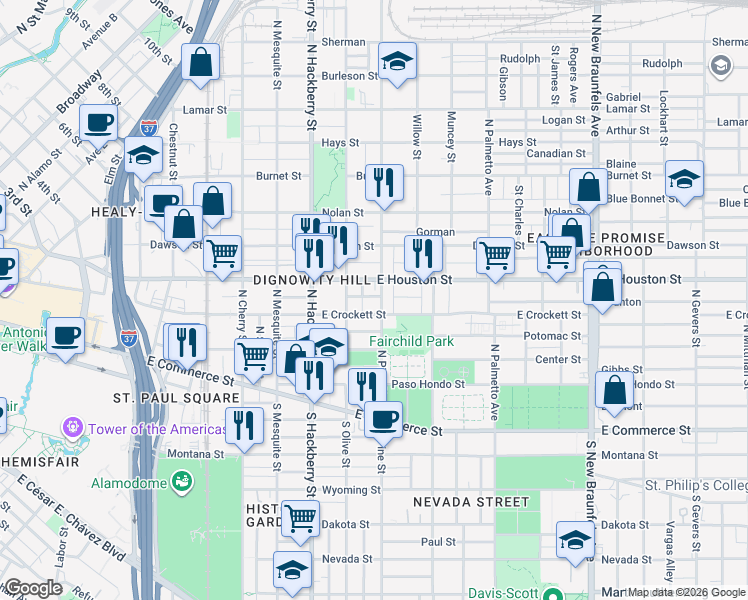 map of restaurants, bars, coffee shops, grocery stores, and more near 130 Boston Street in San Antonio
