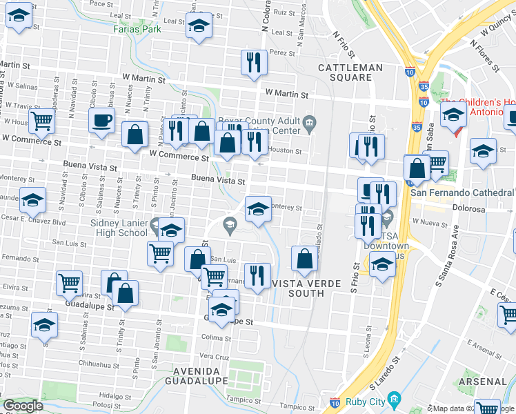 map of restaurants, bars, coffee shops, grocery stores, and more near 1106 Monterey Street in San Antonio