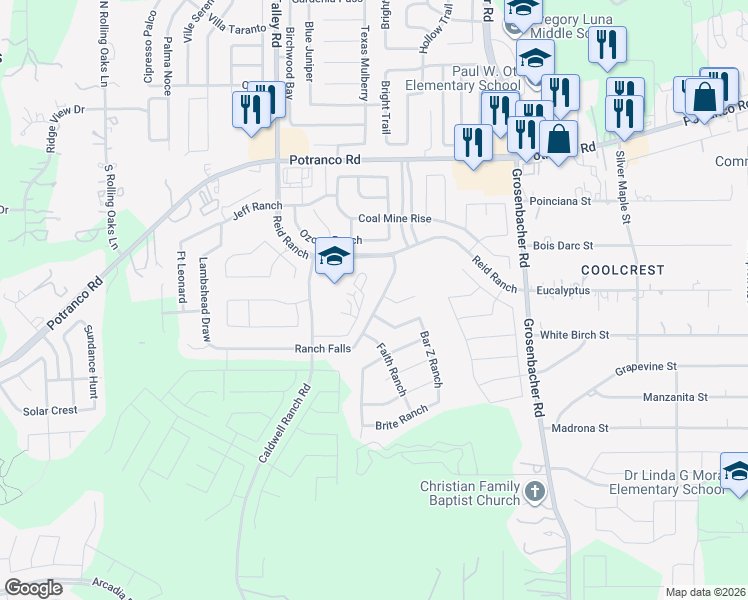 map of restaurants, bars, coffee shops, grocery stores, and more near 12623 Fiesta Ranch in San Antonio