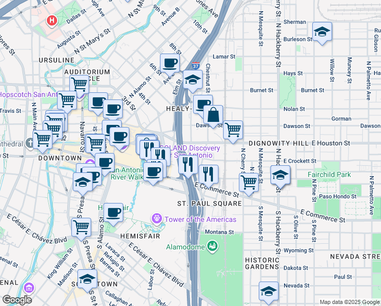 map of restaurants, bars, coffee shops, grocery stores, and more near 508 East Crockett Street in San Antonio
