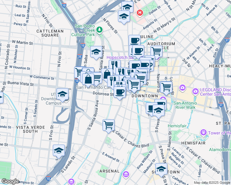 map of restaurants, bars, coffee shops, grocery stores, and more near 119 Plaza de Armas in San Antonio
