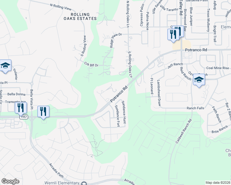 map of restaurants, bars, coffee shops, grocery stores, and more near 916 Country Meadow Drive in San Antonio