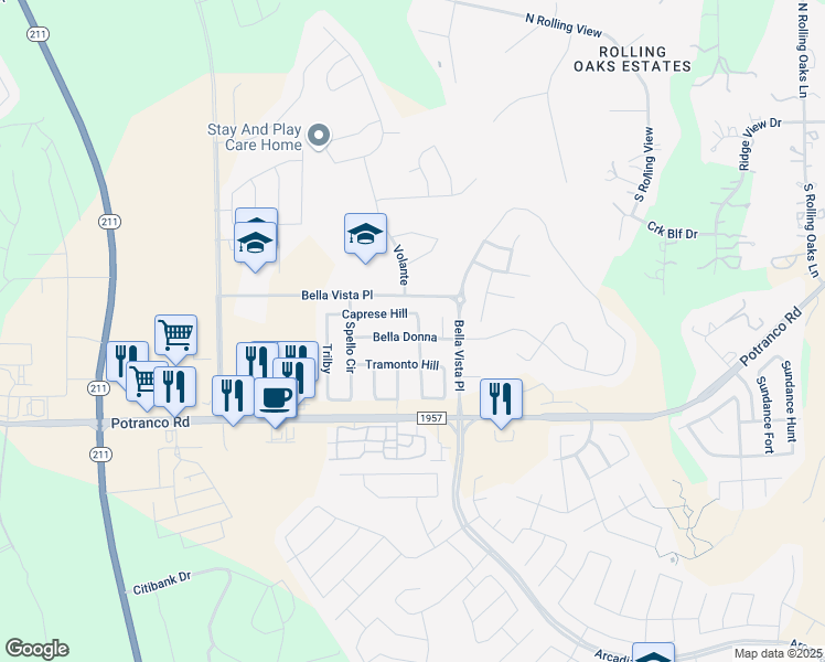 map of restaurants, bars, coffee shops, grocery stores, and more near 13903 Bella Donna in San Antonio