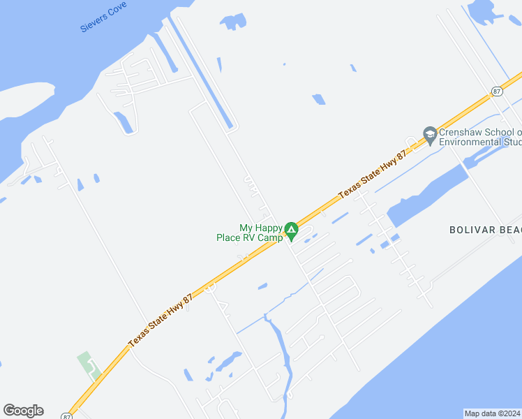 map of restaurants, bars, coffee shops, grocery stores, and more near 1116 East Bay Drive South in Bolivar Peninsula