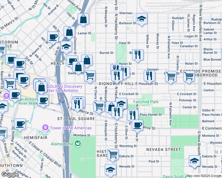 map of restaurants, bars, coffee shops, grocery stores, and more near 929 East Crockett Street in San Antonio
