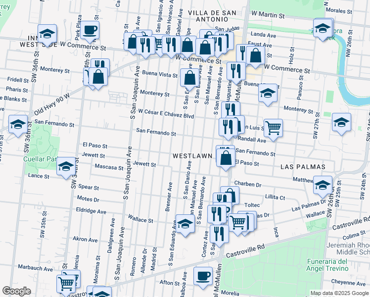 map of restaurants, bars, coffee shops, grocery stores, and more near 538 South San Eduardo Avenue in San Antonio