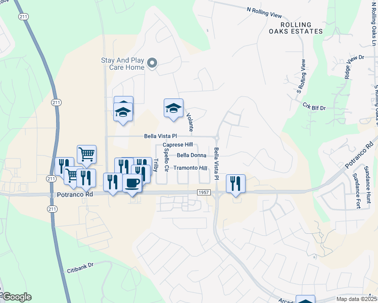 map of restaurants, bars, coffee shops, grocery stores, and more near 13919 Bella Donna in San Antonio