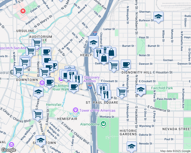 map of restaurants, bars, coffee shops, grocery stores, and more near in San Antonio