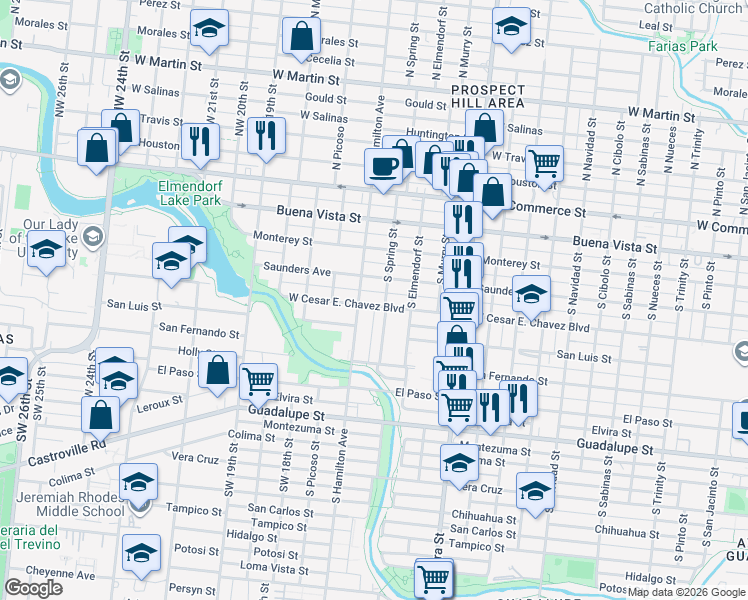 map of restaurants, bars, coffee shops, grocery stores, and more near 3018 West César E Chávez Boulevard in San Antonio